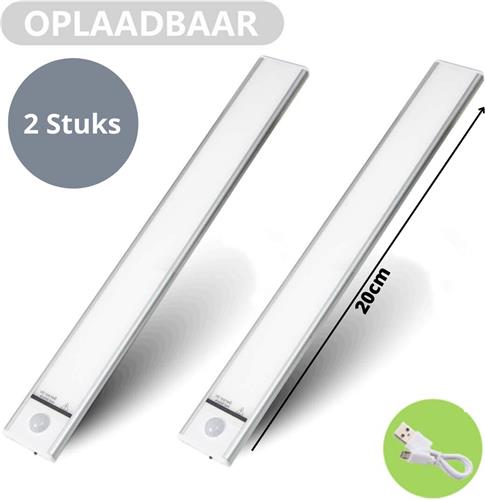 Lichtendirect- Kastverlichting- 2 SET- Keukenverlichting- LED- Bewegingssensor- Draadloos-20cm- USB-oplaadbare Accu- LED Kast Verlichting-Ultra dun- Koel wit- Dimbaar