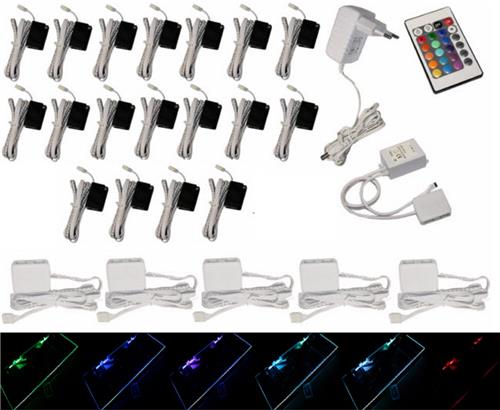 Trango Set van 18 RGB Kleur Veranderende LED Glazen Randverlichting 5022-18 incl. Afstandsbediening Kastverlichting I Glazen Vloerverlichting I Vitrine Verlichting I LED Clips I Meubelverlichting