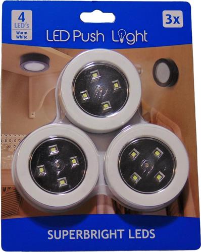 LED push light set 3 stuks- Druk LED lamp - Kleur: wit - Led druk lamp - Led spotjes - Zelfklevende led druklampjes - Led voor in de keuken - Led verlichting interieur - led verlichting voor op de boot - Led voor kasten