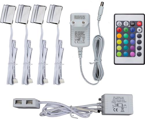 B.K.Licht - LED RGB licht - clipjes glasplaatverlichting - 4-delige set - afstandsbediening - kastverlichting