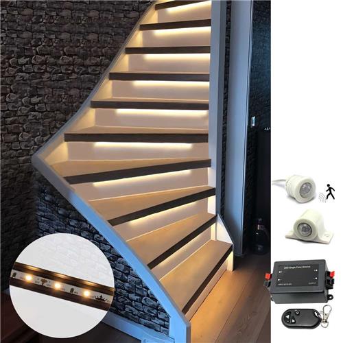 Trapverlichting led bewegingssensor set - Led strips 50 cm met warm wit licht - Set in zwart profiel voor max. 16 treden - Bedienen via dimmer