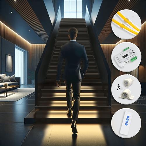 Dynamische trapverlichting set Premium 130 cm met profiel voor max. 16 treden - 12 programma's - Instelbare snelheid en lichtsterkte - Warm wit licht