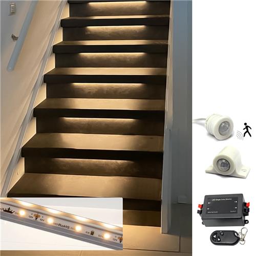 Trapverlichting led bewegingssensor set - Led strips 50 cm met warm wit licht - 2700K - Set in aluminium profiel voor max. 16 treden - Eenvoudig te bedienen via dimmer