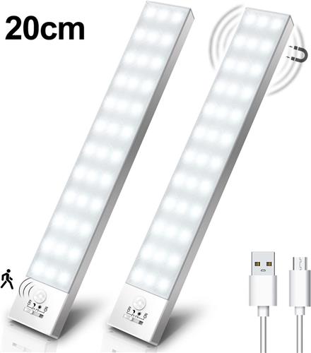 Merdoo Kastverlichting LED met bewegingssensor - Keukenverlichting op batterij - USB-C Oplaadbaar - Magnetisch - Dimbaar-LED Kast Verlichting - Draadloos - 3 Kleurtemperaturen - Zilver -20cm (2-PACK)