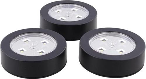 Luxe Zwarte Zelfklevende LED Druklampen Set - 3 Stuks | Werkt Zonder Stopcontact | LED per Mini Spot Lamp | Push Light | Druk Lamp | Licht voor Voorraadkasten | Tenten | Auto's en Boten