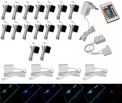 Trango Set van 16 RGB Kleur Veranderende LED Glazen Randverlichting 5022-16 incl. Afstandsbediening Kastverlichting I Glazen Vloerverlichting I Vitrine Verlichting I LED Clips I Meubelverlichting