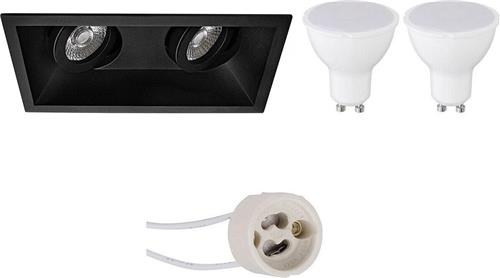 LED Spot Set - Pragmi Zano Pro - GU10 Fitting - Dimbaar - Inbouw Rechthoek Dubbel - Mat Zwart - 6W - Warm Wit 3000K - Kantelbaar - 185x93mm