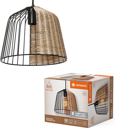 LEDVANCE Decor Cage Bell Pendelleuchte im Industrial Style, schwarz/braun, Käfig-Gehäuse aus Metall und Rattan, E27 Fassung, 260 mm Durchmesser, einfache Montage, Leuchtmittel nicht inkludiert