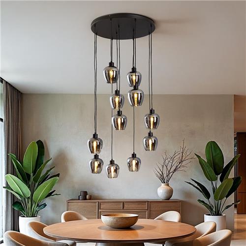 11-lichts hanglamp zwart met smoke grijs glas - Hanford