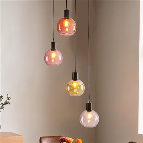 Hanglamp zwart met amber en roze glas, 4-lichts - Monroe