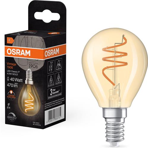 OSRAM Vintage 1906 Klassieke, warmwitte, dimbare LED-lamp in minibolvorm met spiraalgloeidraad, biedt 4,9 W voor 470 lm, E14 fitting, goudkleurig glas, 45 mm diameter, 2200 K.