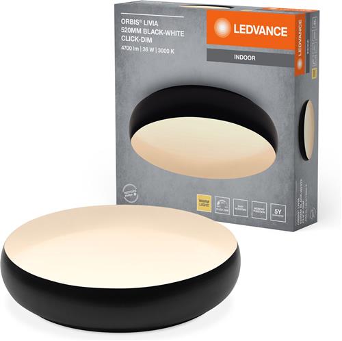LEDVANCE ORBIS Livia LED plafondlamp met metalen ring, zwart en wit, 36W, 2400lm, 3000K, 520mm, 830 vriendelijk warm wit, dimbaar in 3 niveaus door te klikken, IP20, inclusief montageschroeven en pluggen