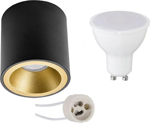 Opbouwspot Set - Pragmi Cliron Pro - GU10 Fitting - Dimbaar - Opbouw Rond - Mat Zwart/Goud - 6W - Helder/Koud Wit 6400K - Verdiept - Ø90mm