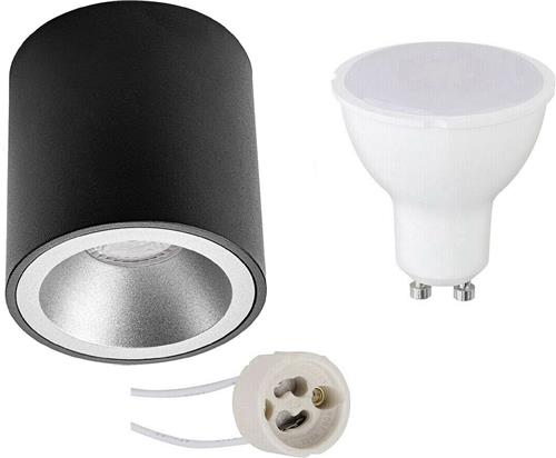 Opbouwspot Set - Pragmi Cliron Pro - GU10 Fitting - Dimbaar - Opbouw Rond - Mat Zwart/Zilver - 6W - Natuurlijk Wit 4200K - Verdiept - Ø90mm