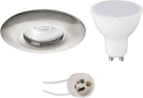 LED Spot Set - Pragmi Luno Pro - Waterdicht IP65 - GU10 Fitting - Inbouw Rond - Mat Nikkel - 6W - Natuurlijk Wit 4200K - Ø82mm