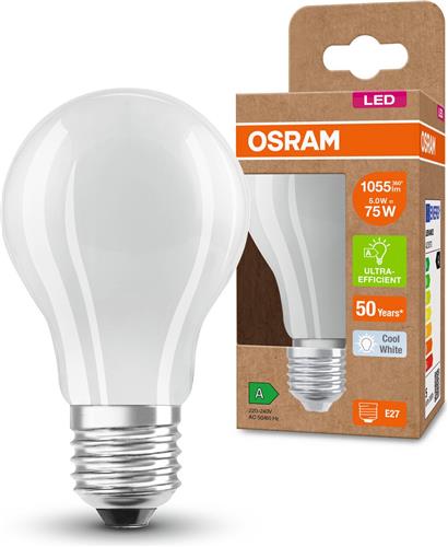 OSRAM SUPERSTAR+ CLASSIC A GL FR 75 LED-Lampe mit Sockel E27, klassische Kolbenform, weiß, 5W, 1055lm, 4000K, kaltweißes Licht, bis zu 60% Energieeinsparung im Vergleich zu Standard LED-Lampen