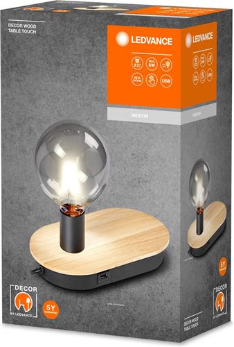 LEDVANCE DECOR Houten tafellamp USB, zwart/hout, E27