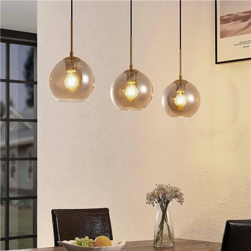 Lindby - hanglamp - 3lichts - staal, glas - E27 - rookgrijs, messing, zwart