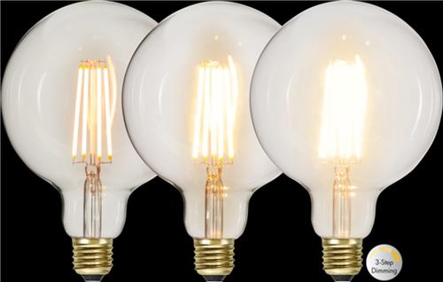 3 standen - G125 bol - E27 - 6.5W - Super Warm Wit <2200K - Filament - Helder