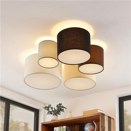 Lindby - plafondlamp - 5lichts - stof, metaal - H: 25.5 cm - E27 - grijs, bruin, zwart, beige, wit