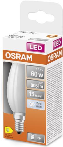 OSRAM LED Star Classic LED-Lampe in klassischer Minikerzenform, weiß, kaltweißes Licht (4000 K) mit 5.5W / 806 lm, aus gefrostetem bleifreiem Glas, E14 Sockel, IP20, EEK D, 35 mm Durchmesser.