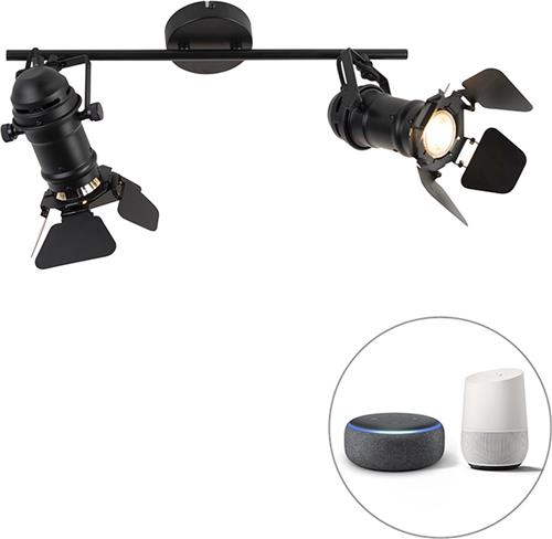 QAZQA movie - Industriele Dimbare LED Smart Plafondspot | Spotje | Opbouwspot incl. wifi met Dimmer - 2 lichts - L 67 cm - Zwart - Industrieel - Woonkamer | Slaapkamer | Keuken