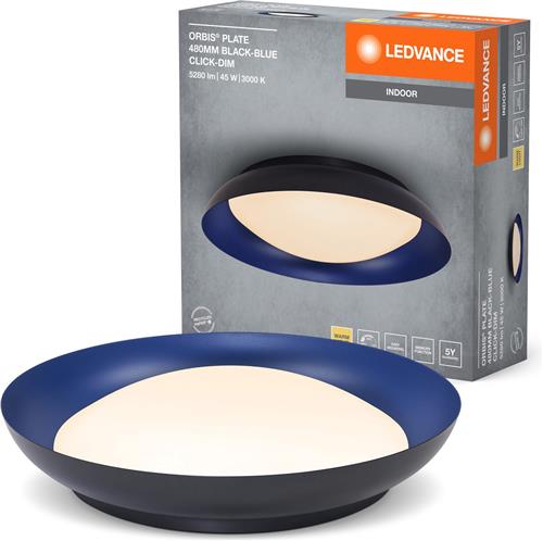 LEDVANCE Orbis Plate LED plafondlamp, zwart-blauw, 45W, 2200lm, 3000K, 480mm, 830 vriendelijk warm wit, dimbaar in 3 niveaus door te trappen, IP20 bescherming, inclusief montageschroeven en pluggen