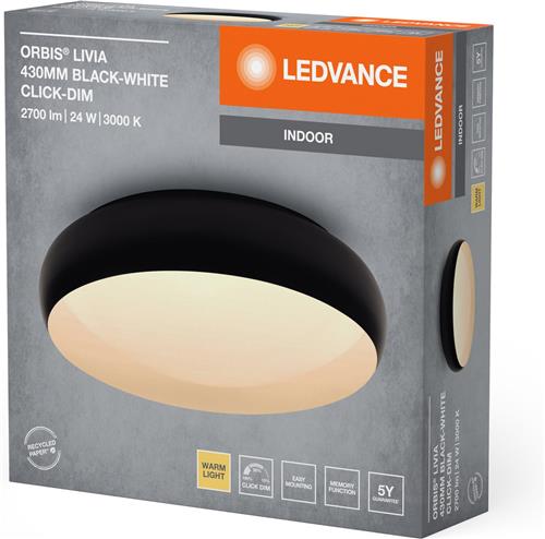 LEDVANCE ORBIS Livia LED plafondlamp met metalen ring, zwart en wit, 24W, 1500lm, 3000K, 430mm, 830 vriendelijk warm wit, dimbaar in 3 niveaus door te klikken, IP20, inclusief montageschroeven en pluggen