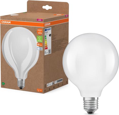 Osram LED lamp in classic globe shape, with decorative LED filament, energy efficiency class A, E27, 7.2 W, 1521 lm, 4000 K, cool white. 100% light straight away, with no warming up.
