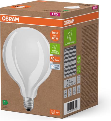 OSRAM LED Superstar Classic Globe LED-lamp G 95 in klassieke bolvorm van matglas, 3,8 W, 806 lm, E27 fitting, koud wit licht met 4000 K, EEK A, 95 mm diameter.