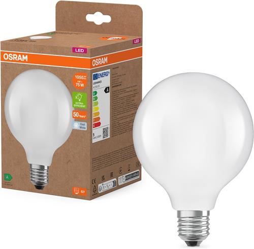 Osram LED lamp in classic globe shape, with decorative LED filament in frosted design, energy efficiency class A, E27, 5 W, 1055 lm, 4000 K, cool white. 100% light straight away, with no warming up