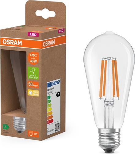 Osram LED lamp in classic globe shape, with decorative LED filament in frosted design, energy efficiency class A, E27, 7.2 W, 1521 lm, 2700 K, warm white. 100% light straight away, with no warming up.