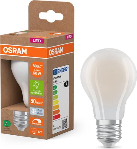 OSRAM Energy Class LED-lamp in klassieke gloeilampvorm, 3,8 W / 806 lm, EEK A, koud wit licht (4000 K), CRI 80, gemaakt van mat loodvrij glas, E27 fitting, IP20, 60 mm diameter, dimbaar.