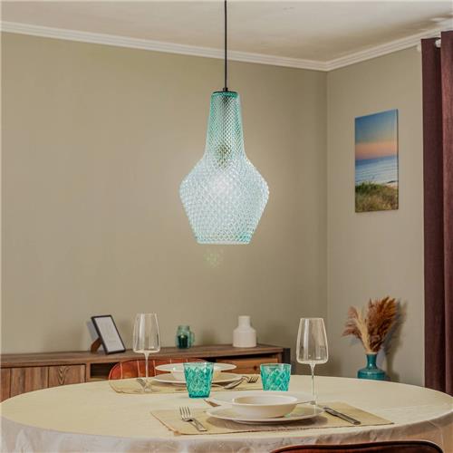 Lindby - hanglamp - 1licht - Glas, metaal - E27 - lichtblauw, zwart