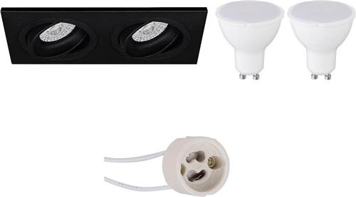LED Spot Set - Pragmi Borny Pro - GU10 Fitting - Dimbaar - Inbouw Rechthoek Dubbel - Mat Zwart - 6W - Helder/Koud Wit 6400K - Kantelbaar - 175x92mm