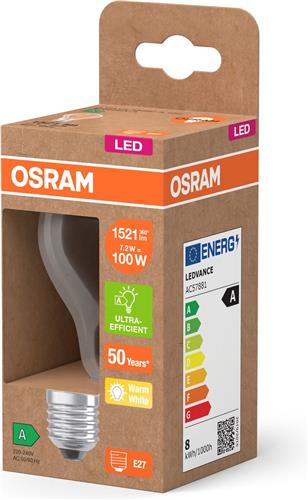 OSRAM LED Superstar Classic LED-lamp A 100 in klassieke gloeilampvorm, behuizing van helder glas, 7,2 W, 1521 lm, E27 fitting, 2700 K voor warm wit licht, EEK A, diameter 60 mm.