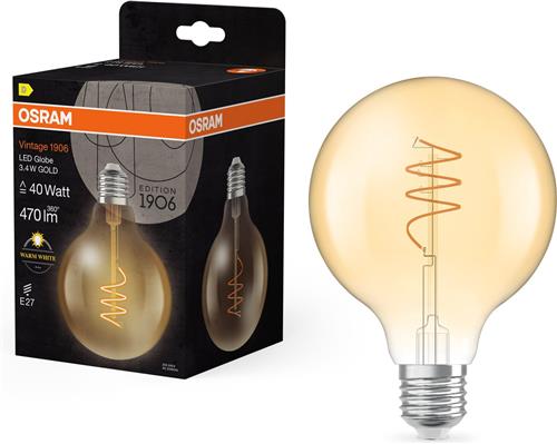 OSRAM Vintage 1906 Globe, warmwitte LED-lamp met spiraalvormige gloeidraad in klassieke bolvorm, biedt 3,4 W voor 470 lm, E27 fitting, goudkleurig glas, 95 mm diameter, 2700 K.