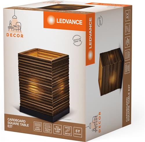 LEDVANCE tafellamp Decor Cardboard Vierkant bruin van golfkarton, lichtgewicht, E27, 200 mm diameter , lampenkap van gerecycled materiaal, duurzaam dankzij vervangbare lichtbron, eenvoudig te installeren
