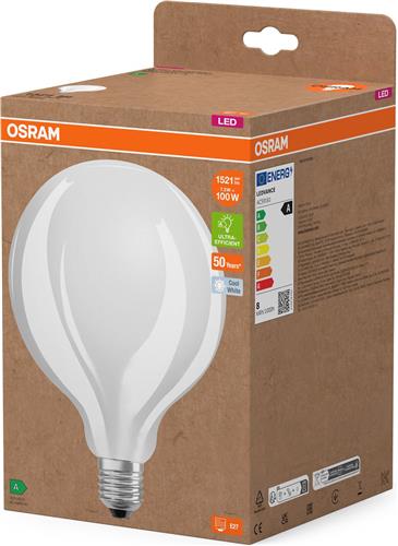Osram LED lamp in classic bulb shape, with decorative LED filament in frosted design, energy efficiency class A, E27, 11.6 W, 2452 lm, 2700 K, warm white. 100% light straight away.