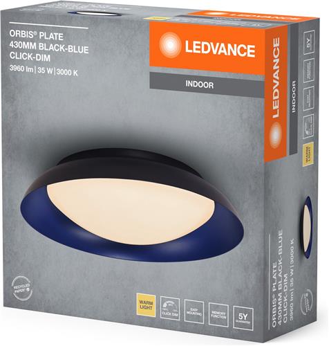 LEDVANCE Orbis Plate LED plafondlamp, zwart-blauw, 35W, 1700lm, 3000K, 430mm, 830 vriendelijk warm wit, dimbaar in 3 niveaus door te trappen, IP20 bescherming, inclusief montageschroeven en pluggen