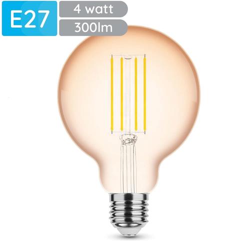 Modee E27 LED Lamp Dimbaar 4W - 300lm - 1800K - Warm Wit - LED Filament Amber Globe G95 - Vervangt 28W Halogeen Gloeilamp