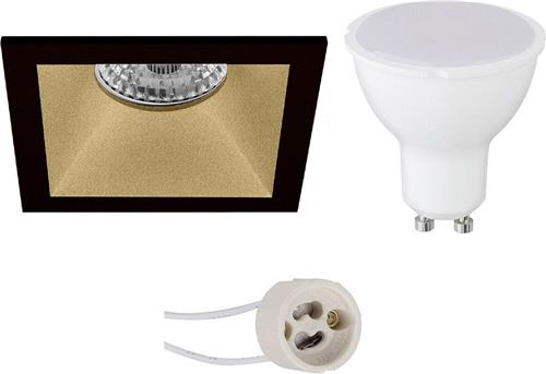 LED Spot Set - Proma Pollon Pro - GU10 Fitting - Dimbaar - Inbouw Vierkant - Mat Zwart/Goud - 6W - Warm Wit 3000K - Verdiept - 82mm