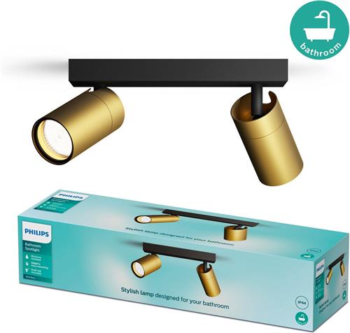 Philips Idris Spot - Plafondspot - Spatwaterdicht IP44 - 5W - Zwart met goud - Badkamerlamp - Twee lichtpunten - Alleen geschikt voor LED spots