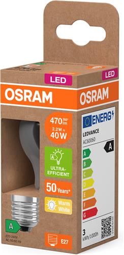 OSRAM LED Superstar Klassieke LED-lamp P 40 in klassieke minibolvorm, behuizing van helder glas, 2,2 W, 470 lm, E27 fitting, warm wit licht met 2700 K, EEK A, diameter 45 mm.