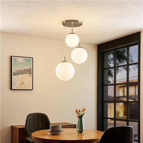 Lindby - hanglamp - 3lichts - metaal, glas - E27 - mat nikkel, opaalwit