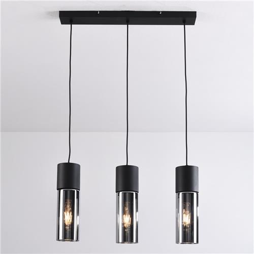 Zwarte hanglamp met 3-lichts en smoke glas - Esila