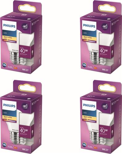 Philips Voordeelverpakking - E27 - LED Kogellamp - Mat - 40W - Niet Dimbaar - Warmwit Licht - Set van 4 Stuks