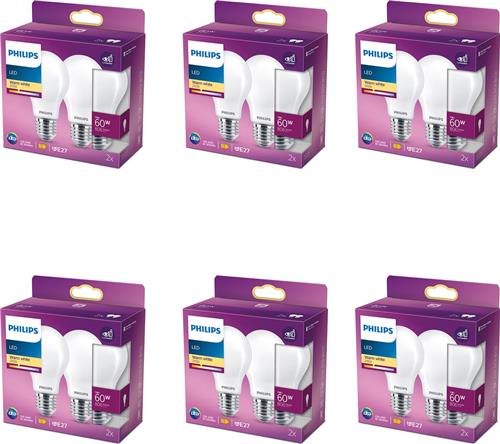 Philips Voordeelverpakking - E27 - LED Standaardlamp - Mat - 60W - Dimbaar - Warmwit Licht - Set van 12 Stuks