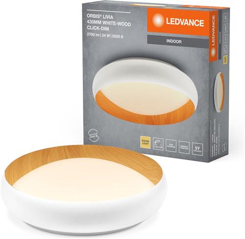 LEDVANCE ORBIS Livia LED plafondlamp met metalen ring, wit/hout decor, 24W, 1200lm, 3000K, 430mm, 830 vriendelijk warm wit, dimbaar in 3 niveaus door te klikken, IP20, inclusief schroeven/pluggen