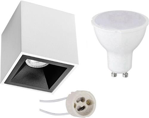 Opbouwspot Set - Pragmi Cliron Pro - GU10 Fitting - Dimbaar - Opbouw Vierkant - Mat Wit/Zwart - 6W - Natuurlijk Wit 4200K - Verdiept - 90mm